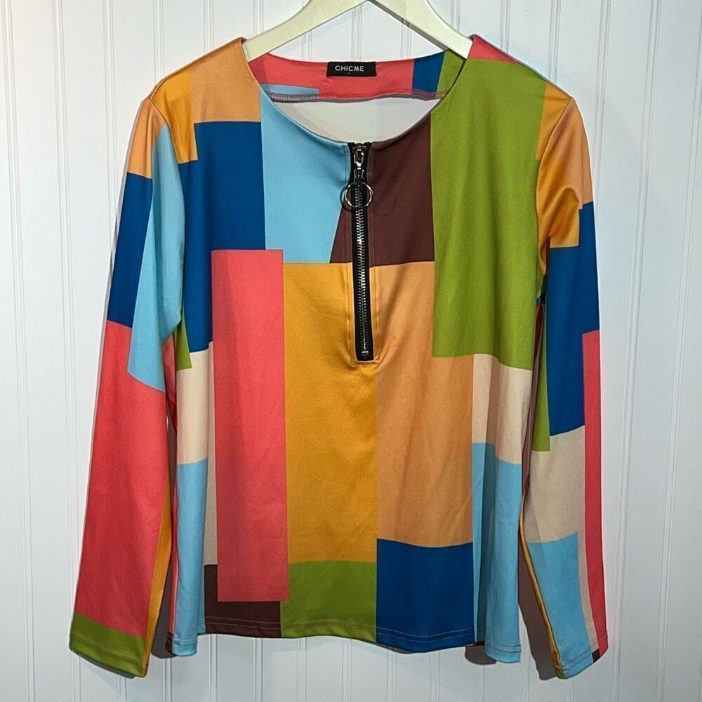 ChicMe Color Block 1/4 Zip Top Women’s Large Multi Color Pull Over Long Sleeve